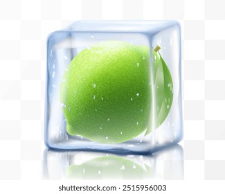 Green fresh lime in ice cube isolated on transparent background. Frozen ripe juicy lime, realistic 3d vector illustration. Bright tropical summer design