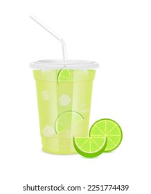 Green fresh lime juice glass and slices half. Fruit juice in clear plastic transparent cup flat lid, ice and straw tube. For design drink menu cafe or restaurants. Isolated 3D realistic vector.