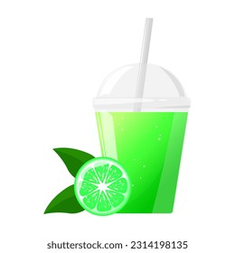 Green fresh lime juice in plastic glass. Citrus juice in clear plastic cup. Vector illustration for design of fresh product, juice, canned food, menu for cafe.