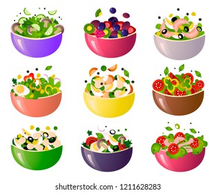 Green fresh salad of their various tasty vegetables in color bowls.