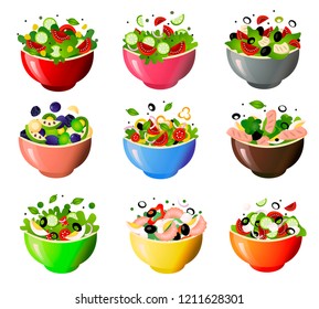 Green fresh salad of their various tasty vegetables in color bowls.