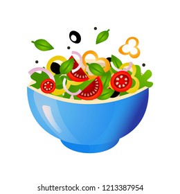 Green fresh salad of their various tasty vegetables in color bowls.