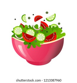 Green fresh salad of their various tasty vegetables in color bowls.