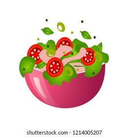 Green fresh salad of their various tasty vegetables in color bowls.