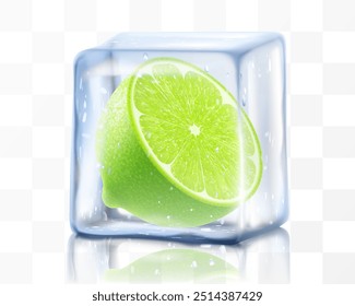 Green fresh slice of lime in ice cube isolated on transparent background. Frozen ripe juicy lime fruit, realistic 3d vector illustration. Bright tropical summer design