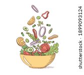 Green fresh vegetable salad in outline sketch style. Organic farm healthy food. Vegan, vegetarian, dietary, vitamin dish. Isolated vector illustrations.
