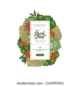 Green fresh vegetables vertical banner. Engraved  illustration. Vector illustration