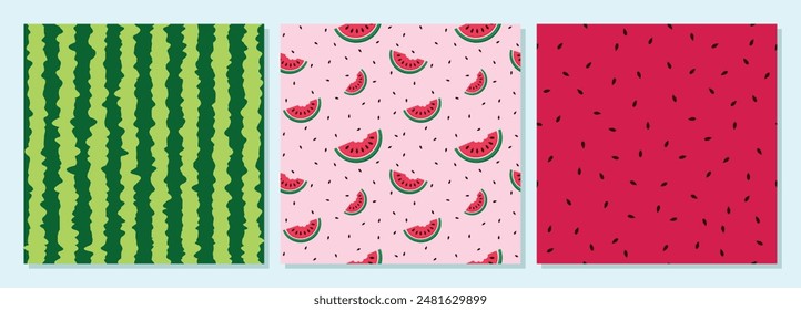 Grüne und frische Wassermelonenhaut nahtloses Muster. Wassermelone realistische Textur Hintergrund Buchstaben Vektorillustration. Wassermelone Scheiben und Samen nahtlos, Einzigartig und Trendy nahtlos