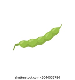 Jóvenes frijoles o guisantes verdes frescos aislados en un fondo blanco. Dibujo de dibujos animados de vectores planos de la vaina para el diseño de envases de alimentos vegetarianos saludables. Vegetales dietéticos.