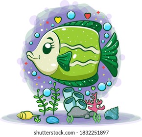 The green freshwater angelfish is poses in the beautiful view of illustration