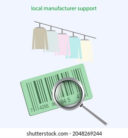 Green Friday - barcode label, magnifier, clothes on hangers - vector Business concept. Support the movement of a local producer.