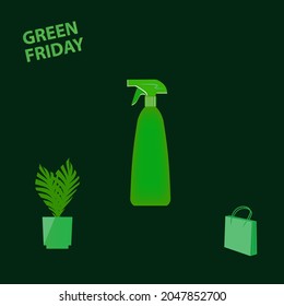 Green Friday. Bottle with dispenser, pot of leaves, shopping bag - vector. Business concept. Support the movement of a local producer.