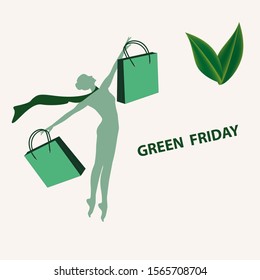 Green Friday. Girl with shopping bags, monochrome - isolated on white background - vector. Business concept. Support movement of a local manufacturer.