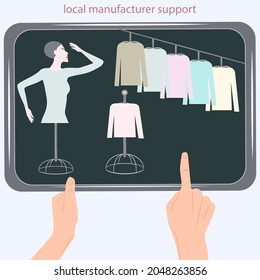 Green Friday - hands, finger points to a tablet with a female mannequin, clothes on hangers - vector Business concept. Support the movement of a local producer.