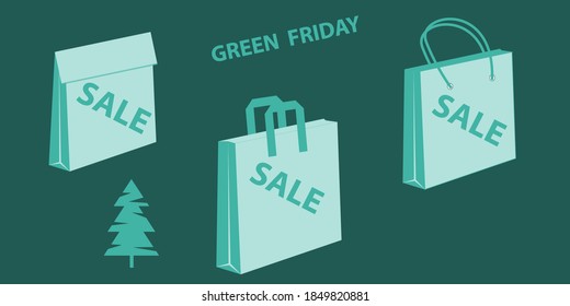 Green Friday. Herringbone and three types of paper bags for purchases - vector. Business concept. Support the movement of a local producer.