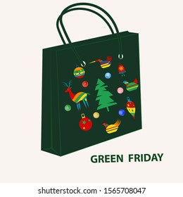 Green Friday. A shopping bag decorated with Christmas toys - isolated on white background - vector. Business concept. Support movement of a local manufacturer.