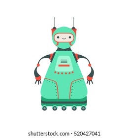 Green Friendly Android Robot Character On Six Wheels Vector Cartoon Illustration