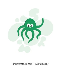Green friendly octopus on abstract bubble background
