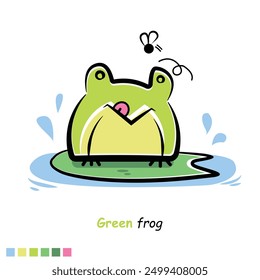 A green frog is about to eat an insect