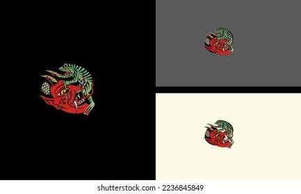 green frog above the red devil's head vector artwork design