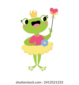 Green Frog Animal Fairy in Pretty Dress with Magic Wand Vector Illustration