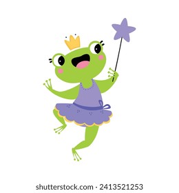 Green Frog Animal Fairy in Pretty Dress with Magic Wand Vector Illustration