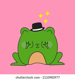 A green frog in a black hat