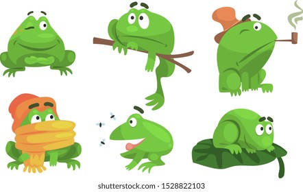 Green Frog Cartoon Character of Different Activities Set, Funny Amphibian Animal with Various Emotions Vector Illustration