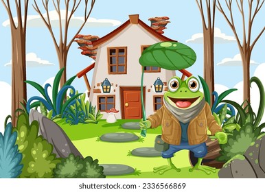 Green Frog Cartoon Character in Fantasy Forest illustration