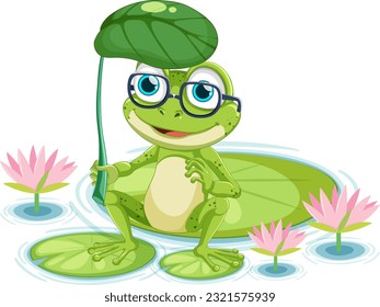 Green Frog Cartoon Charakter Holding Leaf Dachgrafik