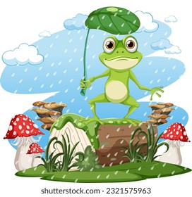 Green Frog Cartoon Character Holding Leaf Umbrella illustration