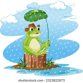 Green Frog Cartoon Character Holding Leaf Umbrella illustration