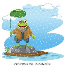 Green Frog Cartoon Character Holding Leaf Umbrella illustration
