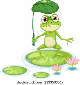 Green Frog Cartoon Character Holding Leaf Umbrella illustration