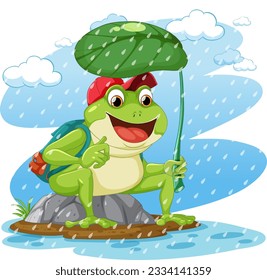 Green Frog Cartoon Character Holding Leaf Umbrella illustration