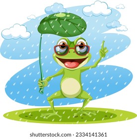 Green Frog Cartoon Character Holding Leaf Umbrella illustration