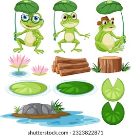 Green Frog Cartoon Characters Collection illustration