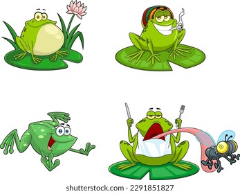 Green Frog Cartoon Characters. Vector Hand Drawn Collection Set Isolated On Transparent Background