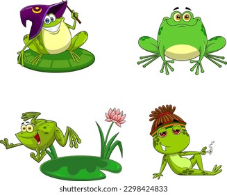 Green Frog Cartoon Characters. Vector Hand Drawn Collection Set Isolated On Transparent Background