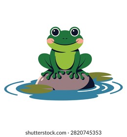 Green frog character sitting in pond with cartoon style flat vector illustration ideal for animal and water themes