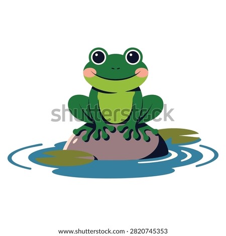 Green frog character sitting in pond with cartoon style flat vector illustration ideal for animal and water themes