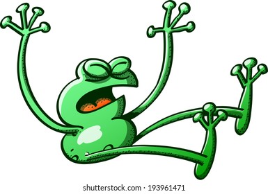 Green frog clenching its eyes  raising its arms  yelling   complaining while falling down