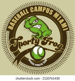 Green frog in a coat of arms with a baseball. Toad mascot of a baseball team. Baseball mascot illustration concept.