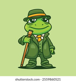 Green Frog Detective Cartoon Logo