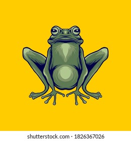 Green frog drawing isolated in yellow background.