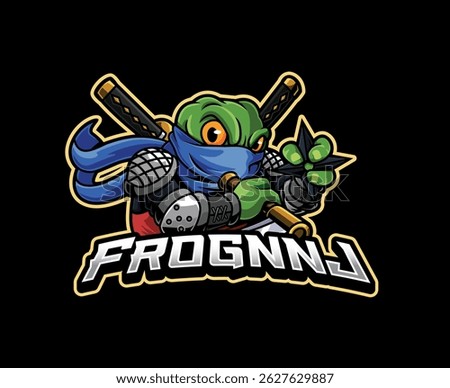 Green frog dressed in ninja gear, armed with a sword and poised for a martial arts adventure. Vector mascot illustration