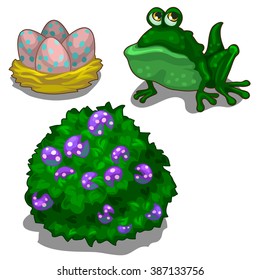 Green frog and Easter eggs. Vector illustration.
