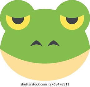 Green frog face flat vector character illustration displaying a bored expression. Features half-closed yellow eyes.