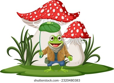 Green Frog with Fantasy Mushroom illustration