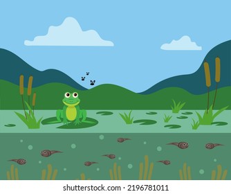 green frog, flies fly by, tadpole in the water, cute cartoon style, puddle or swamp, nature in the background, vector illustration